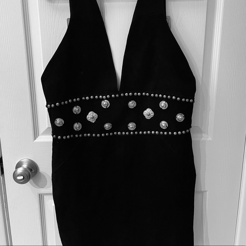 Nasty Gal **real suede leather** black silver buckle mini dress NWOT - Picture 6 of 11